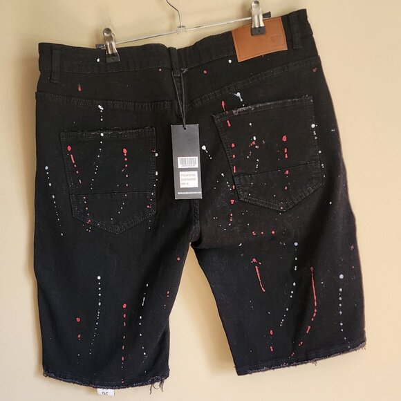 Waimea Men's Distressed Black Red Patch Paint Splatter Jeans Shorts Size 36 NWT - Picture 5 of 11